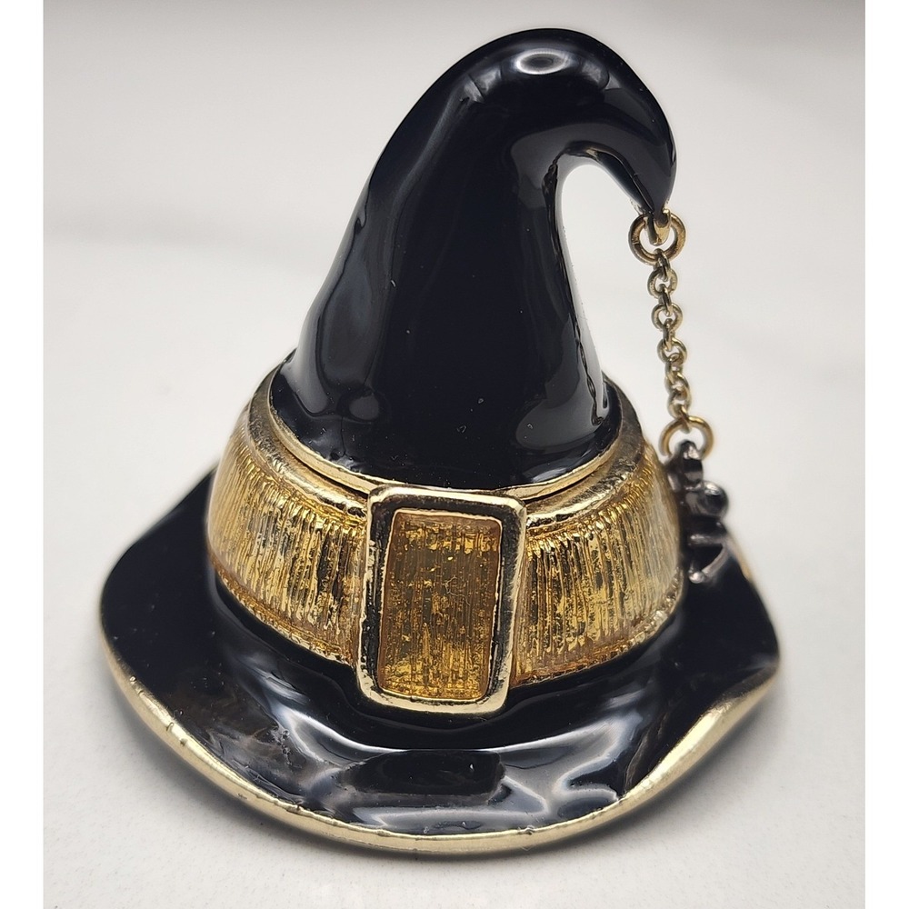 Monet Witch Hat Trinket Box Black Gold Enamel Spider Charm Halloween Collectible